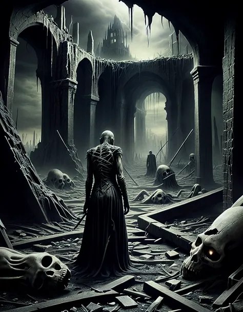 cinematic photo, apocalyptic gothic subterranean city, shattered, fractured, rebar, last pilgrimage of lost souls towards the end, limbo eternity, beyond death, condemnation, penitence, grotesque, surreal