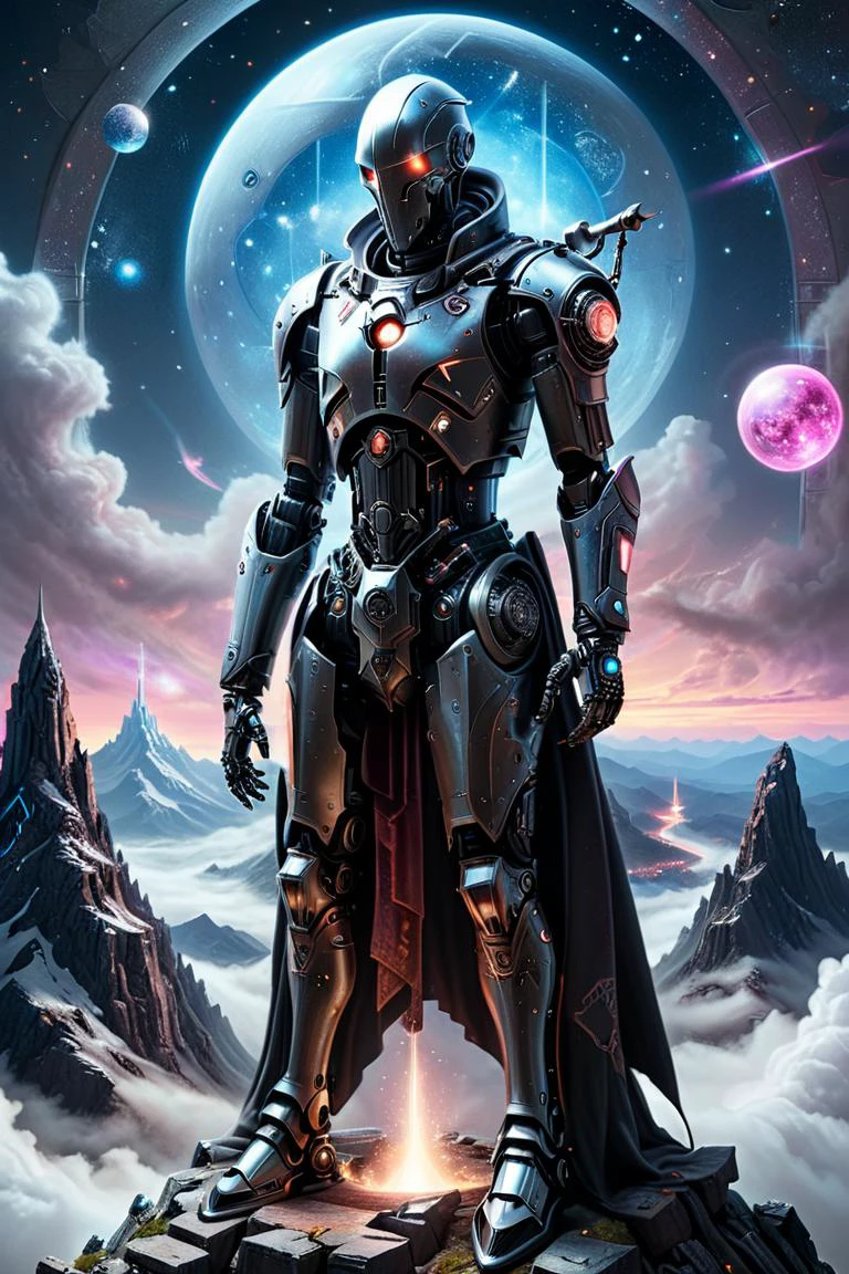 photorealistic, detailed digital illustration of a <lora:WizardCoreAI:0.7> wizardcoreai cyborg, <lora:Faceless_Cyborgs:0.7> noface, cyborg, at a Celestial observatory atop floating mountain, <lora:xl_more_art-full_v1:0.4>, Neon Lighting , <lora:EnvyEndOfTimeXL01:0.7>