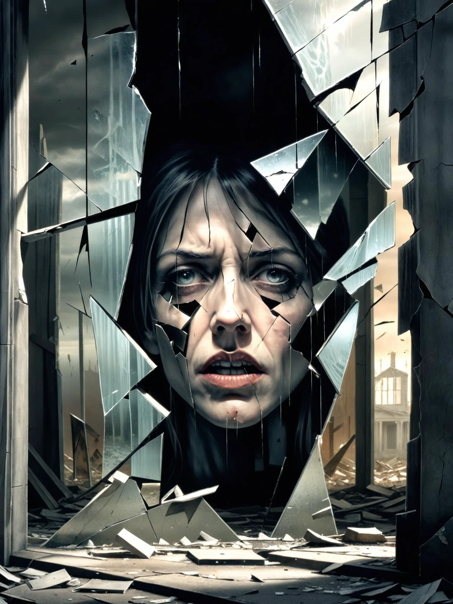 photorealistic, detailed digital illustration of a Distorted face in shattered mirror shards , Eerie, abandoned asylum with shattered windows in the background <lora:xl_more_art-full_v1:0.4>, <lora:panosxl:0.8>, <lora:EnvyEndOfTimeXL01:0.7>