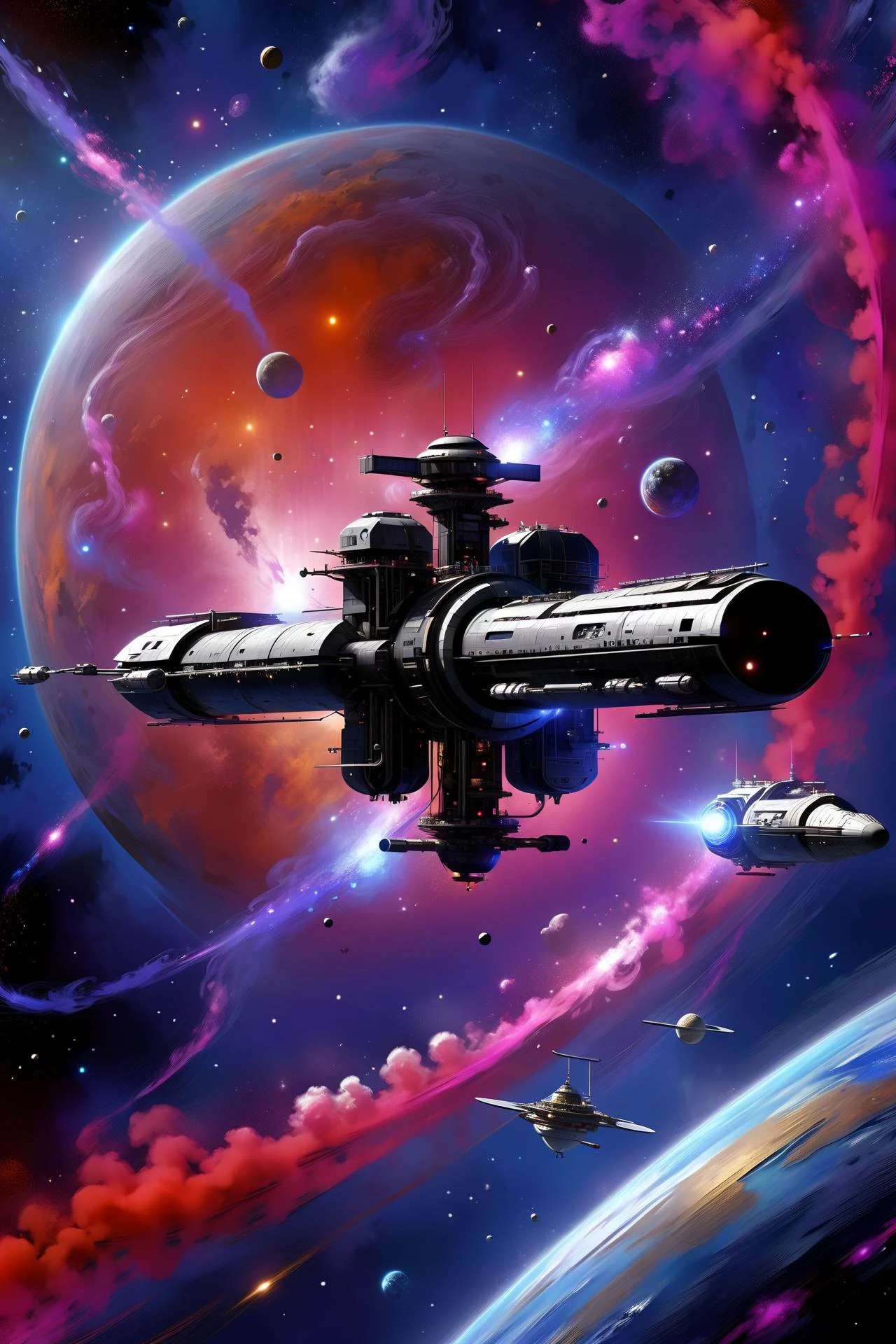 <lora:Retro_Illustration:1> 2d game scene, oil and watercolor painting, (space station:1.3) in a black and dark blue nebula,red_floating_translucent_arcane_swirls, mist, red_magic_glow, asteroid belt, debris <lora:add-detail-xl:1> misc, <lora:Elemental Wisps:0.8> DonMW15pXL <lora:EnvyEndOfTimeXL01:0.7>, (masterpiece:1.2), best quality, (hyperdetailed, highest detailed:1.2), high resolution textures, <lora:EnvyBetterHiresFixXL01:1>