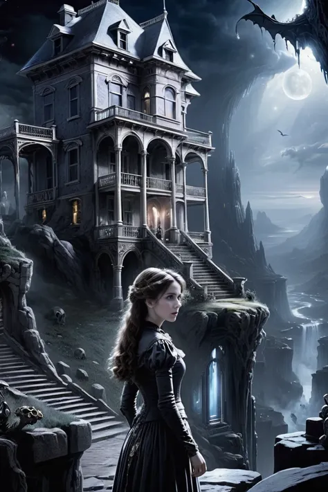 photograph, cinematic, <lora:EnvySendNoodzXL01:0.5>1girl, woman, beautiful, victorian house in a ghostly,mysterious scifi cliffside arcology at the beginning of time, masterpiece<lora:EnvyBetterHiresFixXL01:0:hr=1><lora:EnvyEndOfTimeXL01:1>