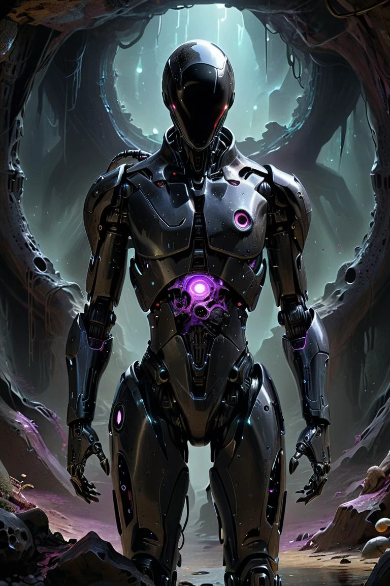photorealistic, detailed digital illustration of a <lora:UltraBlackhole_Tech_XL:0.7> ulblackholetech cyborg, <lora:Faceless_Cyborgs:0.7> noface, cyborg, at a Subterranean caverns adorned with luminescent fungi, <lora:xl_more_art-full_v1:0.4>, holography , <lora:EnvyEndOfTimeXL01:0.7>