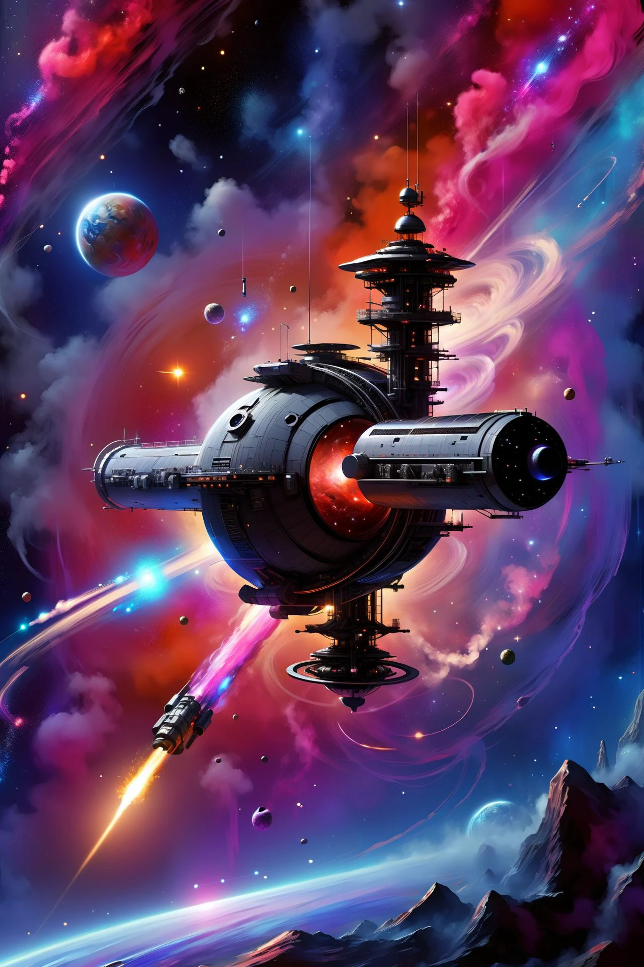 <lora:Retro_Illustration:1> 2d game scene, oil and watercolor painting, (space station:1.3) in a black and dark blue nebula,red_floating_translucent_arcane_swirls, mist, red_magic_glow, asteroid belt, debris <lora:add-detail-xl:1> misc, <lora:Elemental Wisps:0.8> DonMW15pXL <lora:EnvyEndOfTimeXL01:0.7>, (masterpiece:1.2), best quality, (hyperdetailed, highest detailed:1.2), high resolution textures, <lora:EnvyBetterHiresFixXL01:1>