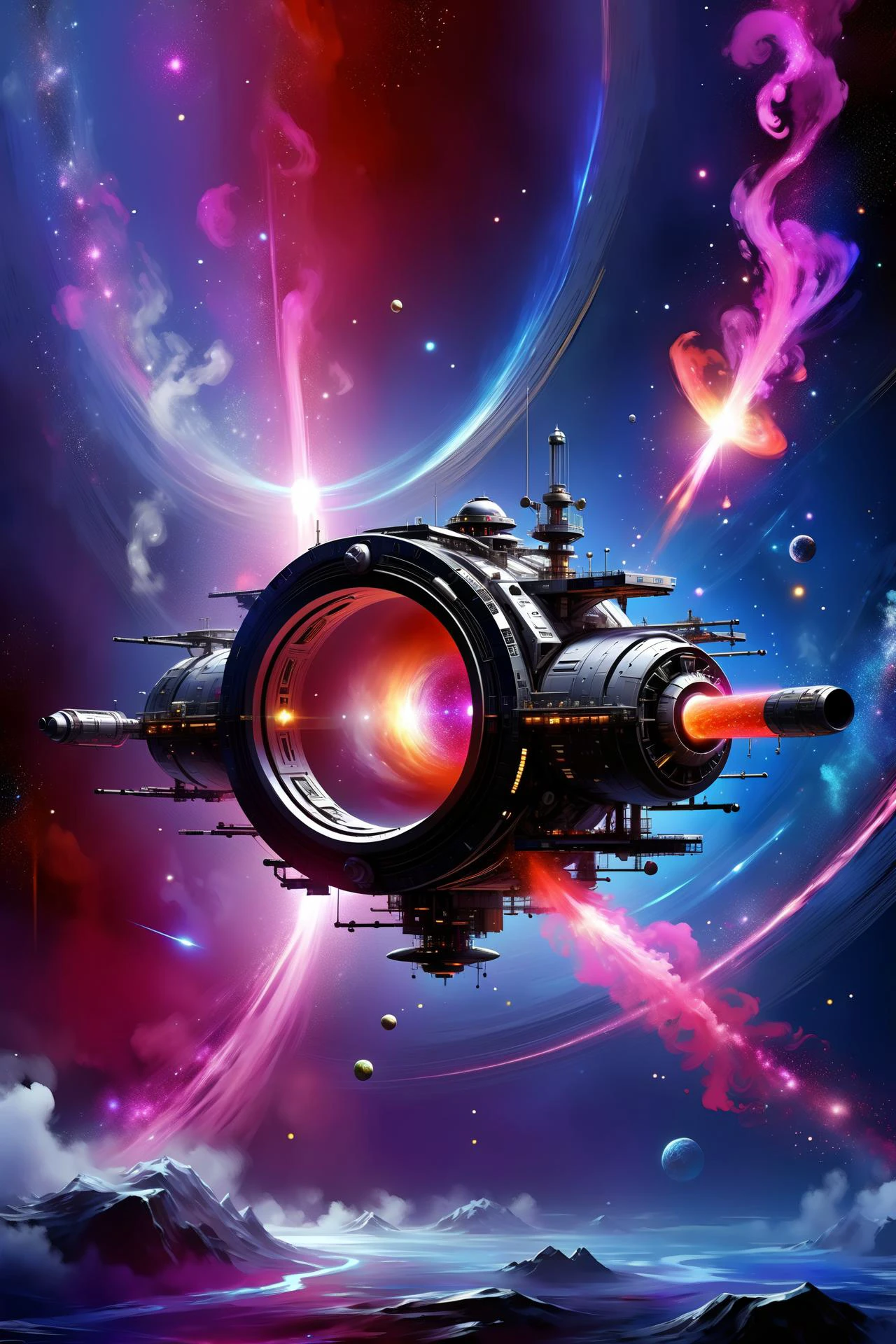 <lora:Retro_Illustration:1> 2d game scene, oil and watercolor painting, (space station:1.3) in a black and dark blue nebula,red_floating_translucent_arcane_swirls, mist, red_magic_glow, asteroid belt, debris <lora:add-detail-xl:1> misc, <lora:Elemental Wisps:0.8> DonMW15pXL <lora:EnvyEndOfTimeXL01:0.7>, (masterpiece:1.2), best quality, (hyperdetailed, highest detailed:1.2), high resolution textures, <lora:EnvyBetterHiresFixXL01:1>