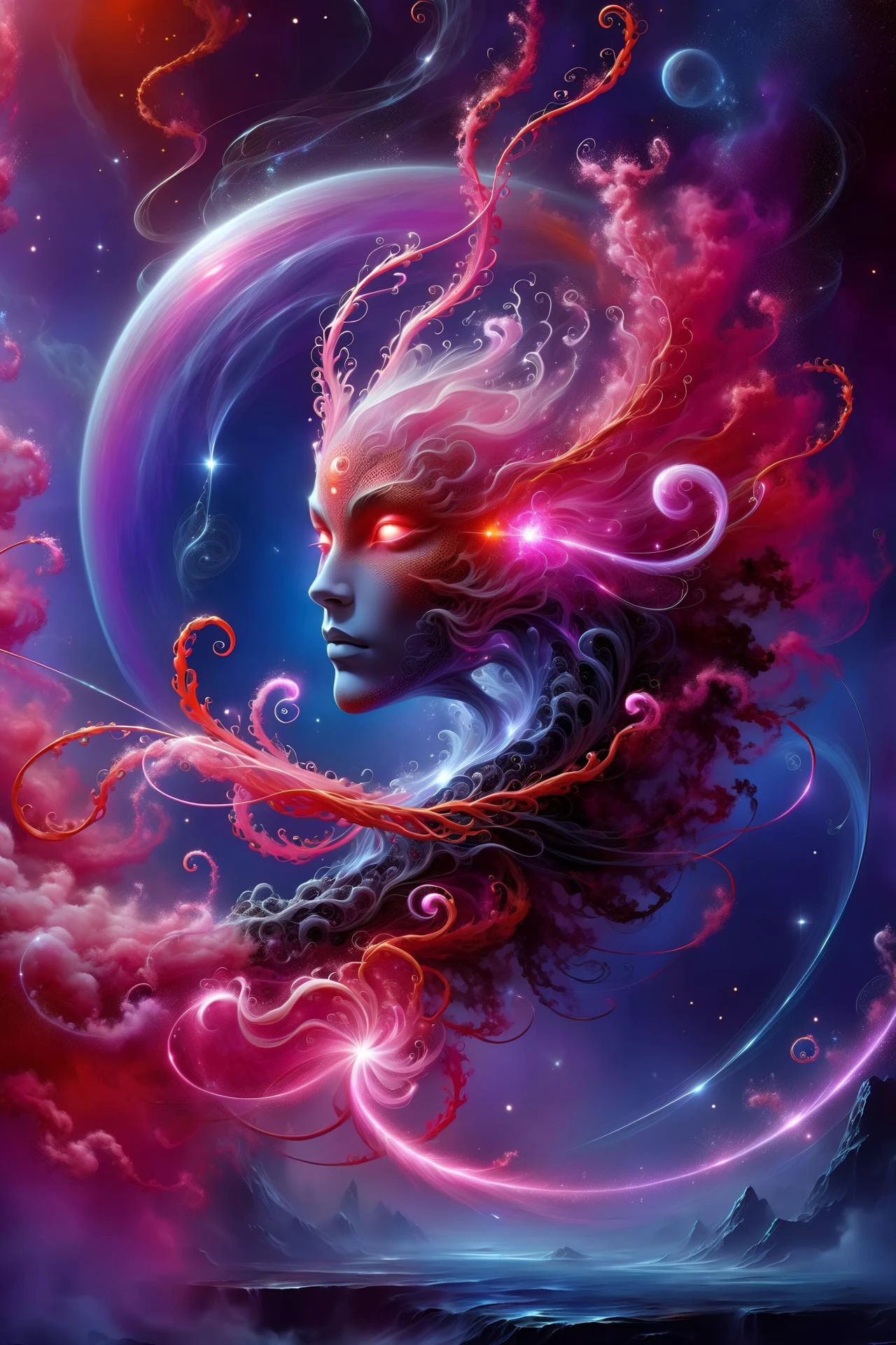 (red_floating_translucent_arcane_swirls:1.2), mist, red_magic_glow, dark futuristic space station in a black and dark blue nebula <lora:add-detail-xl:1> misc, <lora:Elemental Wisps:0.7> DonMW15pXL <lora:EnvyEndOfTimeXL01:1>, (masterpiece:1.2), best quality, (hyperdetailed, highest detailed:1.2), high resolution textures, <lora:EnvyBetterHiresFixXL01:1>