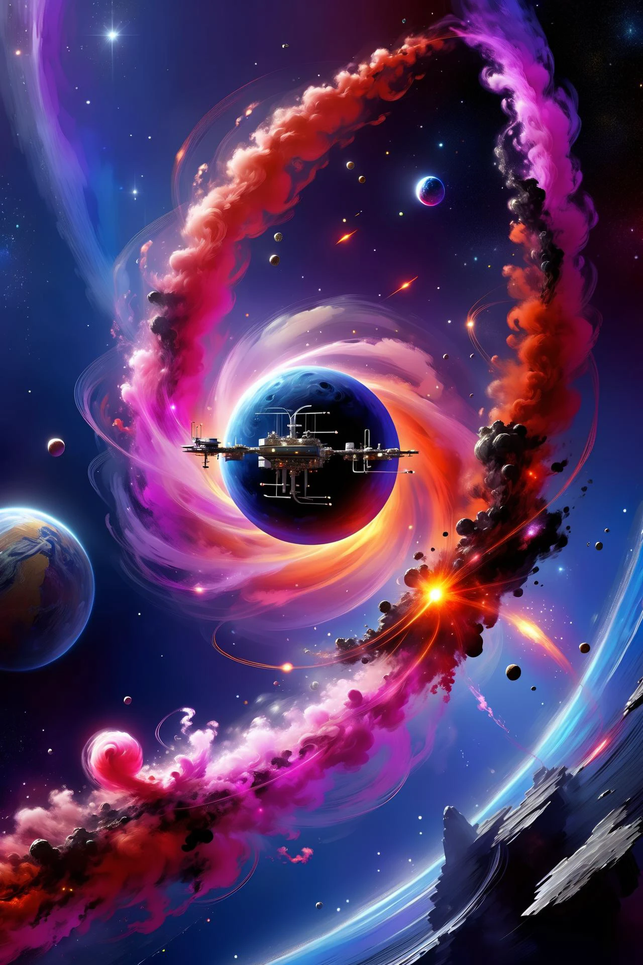 <lora:Retro_Illustration:1> 2d game scene, oil and watercolor painting, (space station:1.3) in a black and dark blue nebula,red_floating_translucent_arcane_swirls, mist, red_magic_glow, asteroid belt, debris <lora:add-detail-xl:1> misc, <lora:Elemental Wisps:0.8> DonMW15pXL <lora:EnvyEndOfTimeXL01:0.7>, (masterpiece:1.2), best quality, (hyperdetailed, highest detailed:1.2), high resolution textures, <lora:EnvyBetterHiresFixXL01:1>