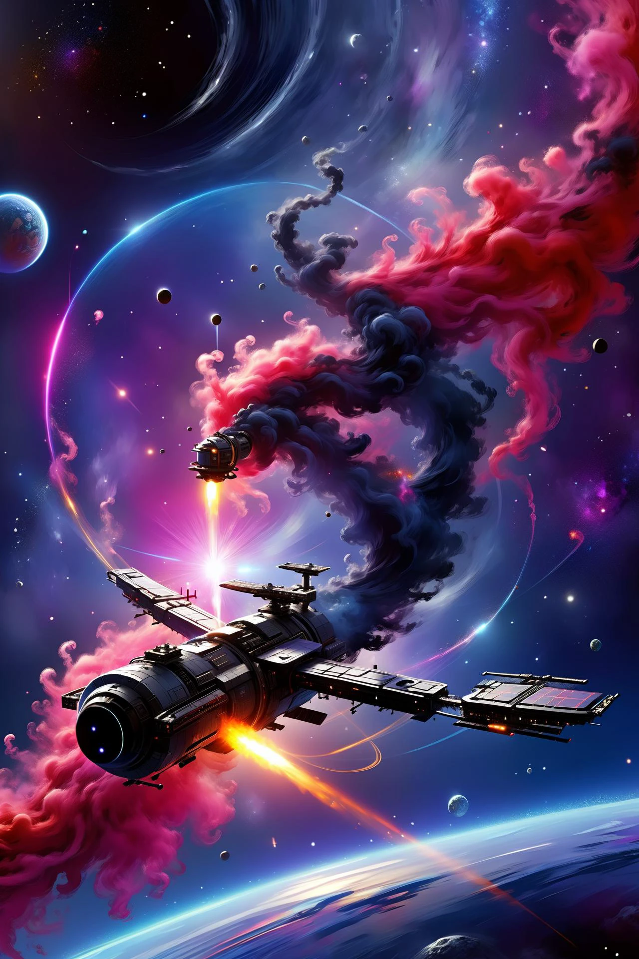 <lora:Retro_Illustration:1> 2d game scene, oil and watercolor painting, (space station:1.3) in a black and dark blue nebula,red_floating_translucent_arcane_swirls, mist, red_magic_glow, asteroid belt, debris <lora:add-detail-xl:1> misc, <lora:Elemental Wisps:0.8> DonMW15pXL <lora:EnvyEndOfTimeXL01:0.7>, (masterpiece:1.2), best quality, (hyperdetailed, highest detailed:1.2), high resolution textures, <lora:EnvyBetterHiresFixXL01:1>