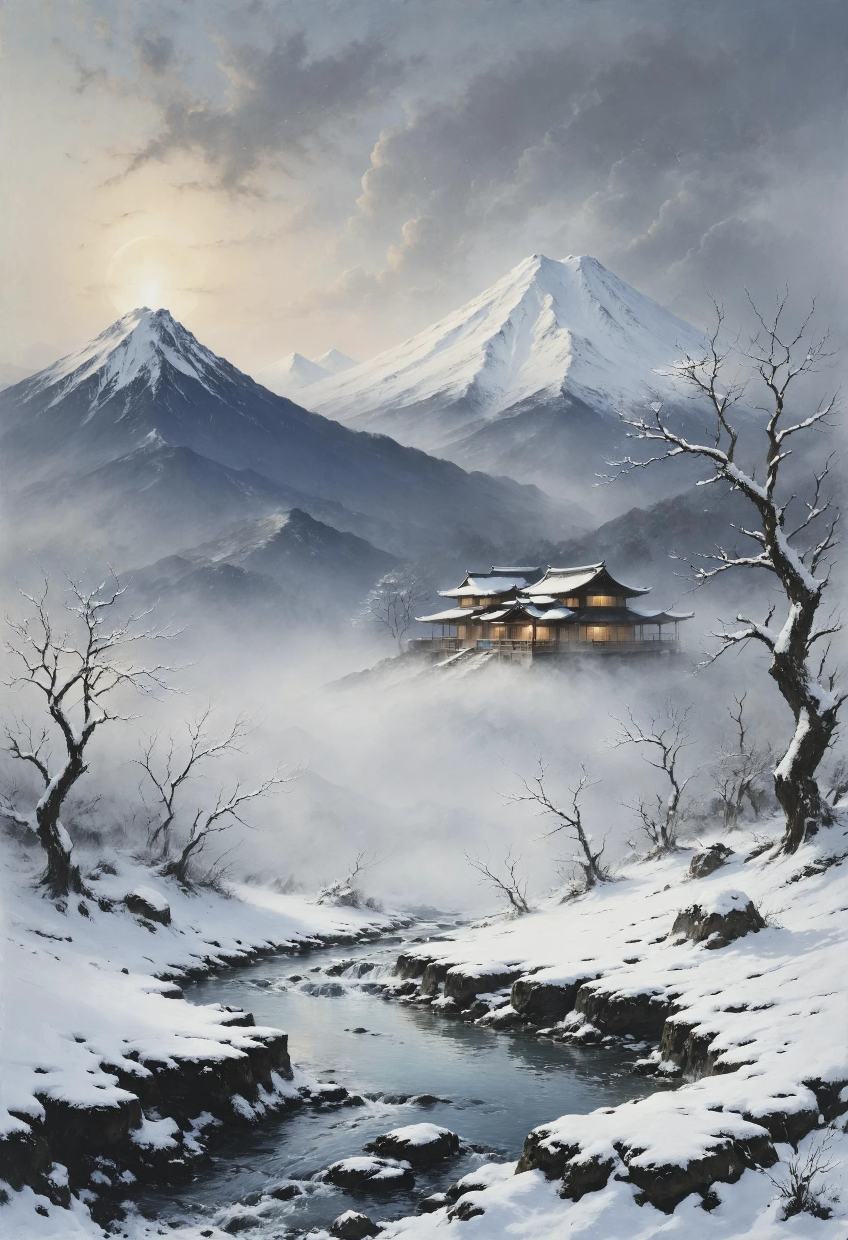 A Japanese onsen ryokan surrounded by snow-covered mountains, where hot springs offer solace in a winter wonderland, Neural engineer designing consciousness-enhancing implants in the foreground, <lora:Neon_Style_XL:0.7>, <lora:Desolation:0.7>, <lora:EnvyEndOfTimeXL01:0.7>, <lora:great_lighting:0.4> great lighting