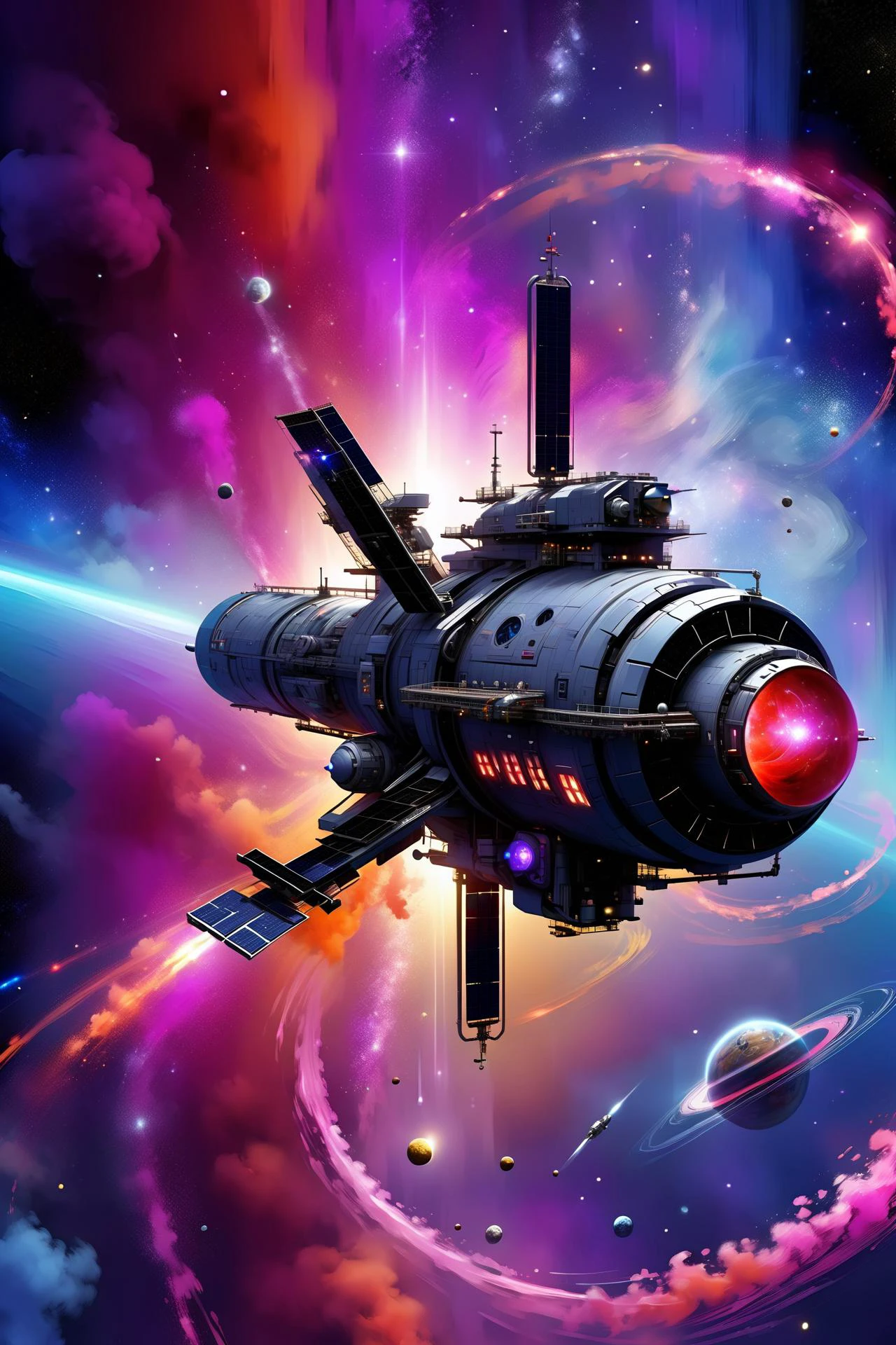 <lora:Retro_Illustration:1> 2d game scene, oil and watercolor painting, (space station:1.3) in a black and dark blue nebula,red_floating_translucent_arcane_swirls, mist, red_magic_glow, asteroid belt, debris <lora:add-detail-xl:1> misc, <lora:Elemental Wisps:0.8> DonMW15pXL <lora:EnvyEndOfTimeXL01:0.7>, (masterpiece:1.2), best quality, (hyperdetailed, highest detailed:1.2), high resolution textures, <lora:EnvyBetterHiresFixXL01:1>