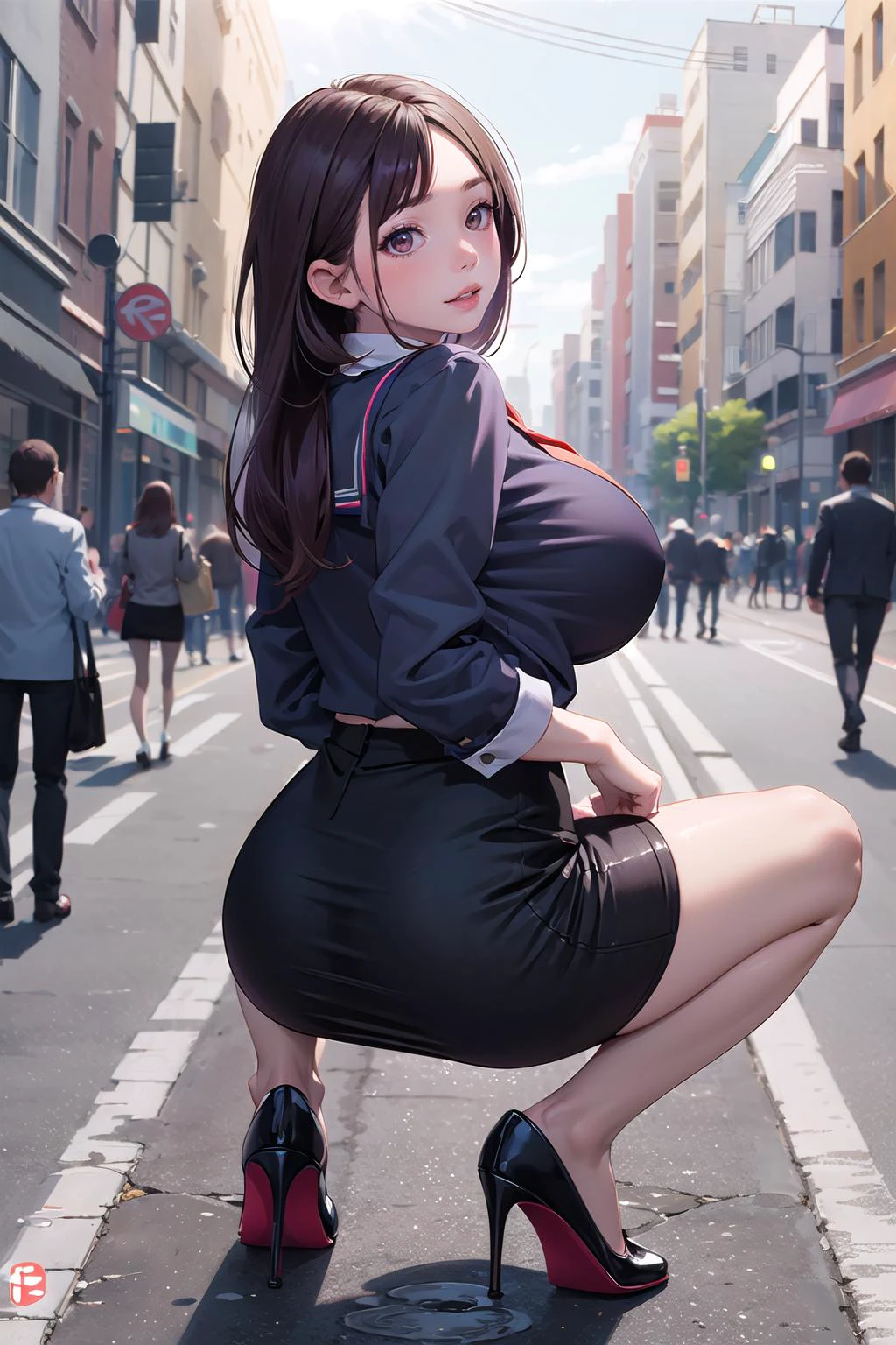 masterpiece, best quality,1girl,young girl,brown eyes,long hair,mesugaki smile,shiny skin,(nice leg line:1.3),thin waist,huge breasts
BREAK
school uniform,necktie,((pencil skirt)),high heels
BREAK
street,crowd,depth of field,looking at viewer,squatting,from behind,full body,legsupsexms