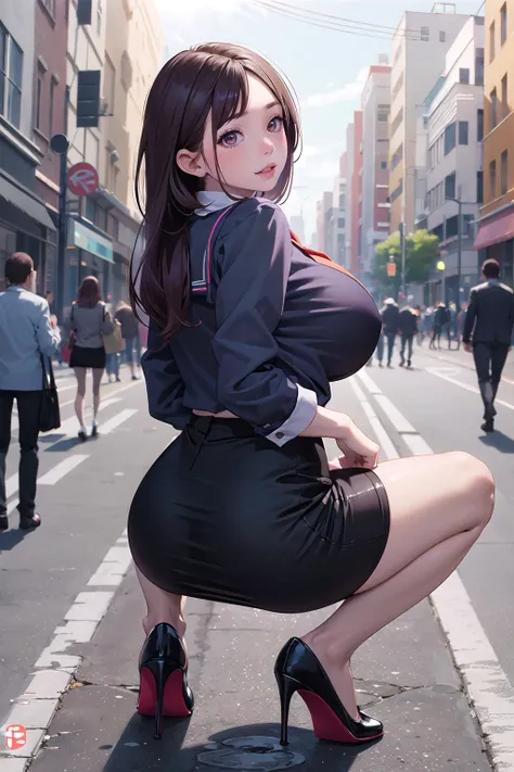 masterpiece, best quality,1girl,young girl,brown eyes,long hair,mesugaki smile,shiny skin,(nice leg line:1.3),thin waist,huge breasts
BREAK
school uniform,necktie,((pencil skirt)),high heels
BREAK
street,crowd,depth of field,looking at viewer,squatting,from behind,full body,legsupsexms