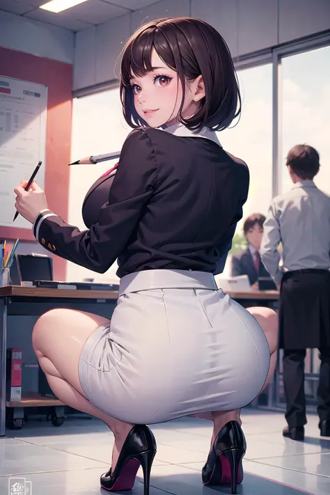 masterpiece, best quality,1girl,young girl,brown eyes,short hair,happy smile,shiny skin,(nice leg line:1.3),thin waist,huge breasts
BREAK
school uniform,necktie,((pencil skirt)),high heels
BREAK
park,crowd,depth of field,looking at viewer,squatting,from behind,upper body,legsupsexms