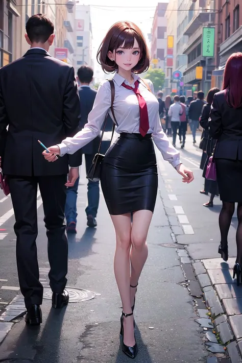 masterpiece, best quality,1girl,young girl,brown eyes,drill hair,happy smile,shiny skin,(nice leg line:1.3),thin waist,huge breasts
BREAK
school uniform,necktie,((pencil skirt)),high heels
BREAK
street,crowd,depth of field,looking at viewer,standing,from front,full body,legsupsexms