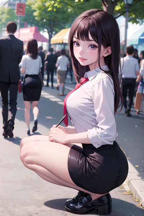 masterpiece, best quality,1girl,young girl,brown eyes,long hair,evil smile,shiny skin,(nice leg line:1.3),thin waist,huge breasts
BREAK
school uniform,necktie,((pencil skirt)),flat shoes
BREAK
park,crowd,depth of field,looking at viewer,squatting,from side,upper body,legsupsexms