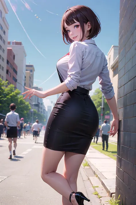 masterpiece, best quality,1girl,young girl,brown eyes,short hair,happy smile,shiny skin,(nice leg line:1.3),thin waist,huge breasts
BREAK
school uniform,ribborn,((pencil skirt)),high heels
BREAK
park,crowd,depth of field,looking at viewer,standing,from behind,upper body,legsupsexms