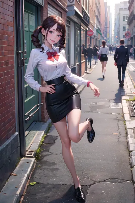 masterpiece, best quality,1girl,young girl,brown eyes,drill hair,happy smile,shiny skin,(nice leg line:1.3),thin waist,huge breasts
BREAK
school uniform,ribborn,((pencil skirt)),flat shoes
BREAK
street,crowd,depth of field,looking at viewer,standing,from above,full body,legsupsexms