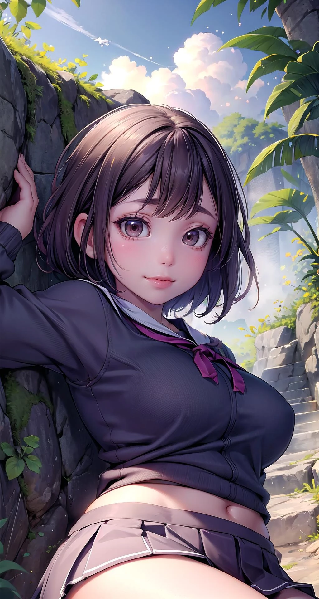 (masterpiece),(intricate details),1girl,mature female,bob cut,,pale skin,large breasts:1.49, brown eyes,smile
BREAK
school uniform,ribborn,pleated skirt
thick thighs:0.5, plump:0.5,((baggy socks,converse)),
((lying on the anywhere)),((upper body,portrait)),from below:1.2,depth of field,looking at viewer
BREAK
jungle,spring water,fog,((cumulonimbus))