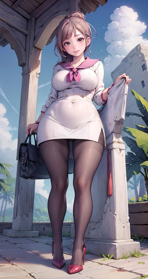 (masterpiece),(intricate details),1girl,mature female,Top knot,,pale skin,large breasts:1.49, brown eyes,smile
BREAK 
school uniform,ribborn,pencil skirt
thick thighs:0.5, plump:0.5,((pantyhose,high heels)),
((standing on the anywhere)),((full body)),from below:1.1,depth of field,looking at viewer
BREAK
beach,palm tree,((cumulonimbus))