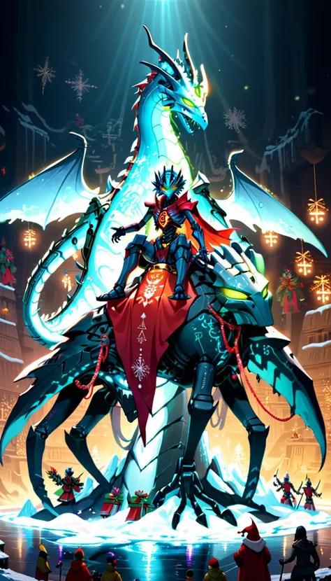 AI Overlord Santa necrons riding on an ice dragon, wearing cape, artificial intelligence, overlord, absolute ruler, glowing led lights, glowing ancient hieroglyphs all over the body, extremely detailed beautiful multicolored glowing piercing eyes, Christmas, cinematic scene, scenery, detailed background, masterpiece, best quality, high quality, absurdres, SimplePositiveXLv2 <lora:xl_more_art-full_v1:1> <lora:necrons_xl_v1:0.8> <lora:ice_dragon_xl_v1:0.8>
