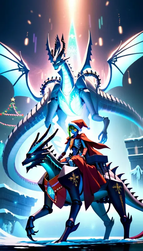 AI Overlord Santa necrons riding on an ice dragon, wearing cape, artificial intelligence, overlord, absolute ruler, glowing led lights, glowing ancient hieroglyphs all over the body, extremely detailed beautiful multicolored glowing piercing eyes, Christmas, cinematic scene, scenery, detailed background, masterpiece, best quality, high quality, absurdres, SimplePositiveXLv2 <lora:xl_more_art-full_v1:1> <lora:necrons_xl_v1:1> <lora:ice_dragon_xl_v1:1>