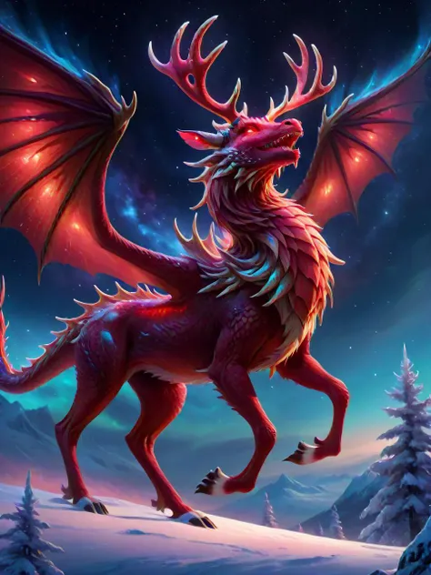 <lora:ice_dragon_xl_v1:0.7> , digital fantasy art of a red ice dragon reindeer, wings, antlers, flying through the night sky, 4k, high quality, masterpiece, 8k, highly detailed, fantasy art style, epic, gorgeous, absurdres, vibrant, oil matte painting,