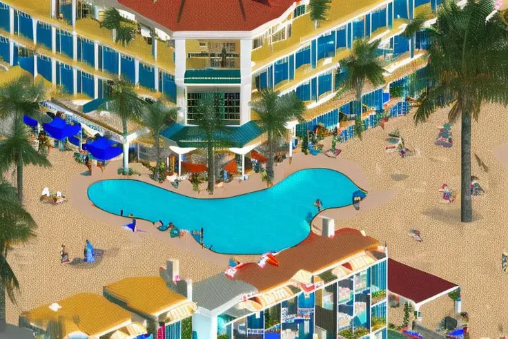 <lora:n3rct_v1:1.3>, (n3rct isometric image), realistic, high quality, high resolution, hotel, florida beach, coast