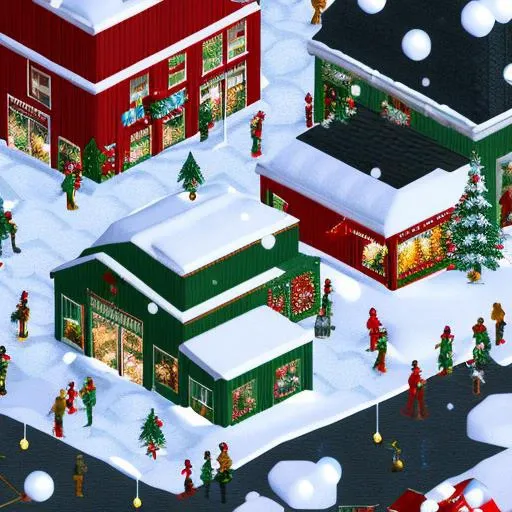 <lora:n3rct_v1:1.0>, 4 views, (n3rct isometric image), (high quality), (high resolution), Chrismas market, snow