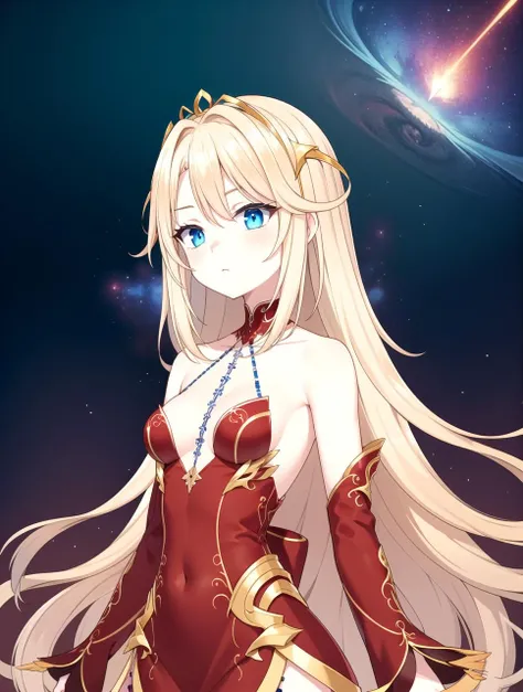 Red dress, HD, hdr, sharp focus, Night forest shape, nebula sky dark, glowing particles, White frills, Blue eyes, masterpiece, best quality, Blonde, long hair, <lyco:ifrit_vt:0.6>, Diadem, (Small breast:1.2)
