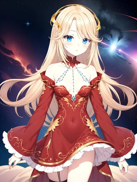 Red dress, HD, hdr, sharp focus, Night forest shape, nebula sky dark, glowing particles, White frills, Blue eyes, masterpiece, best quality, Blonde, long hair, <lyco:ifrit_vt:0.6>, Diadem, (Small breast:1.2)