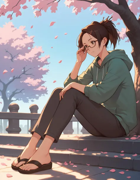 score_9, score_8, score_7, source_anime,
<lora:fuu-ponyxl-000015:1> fuu, hair ornament, hair stick, ponytail, casual, hoodie, pants,
1girl, adjusting eyewear, bespectacled, clog sandals, glasses, petals, tree