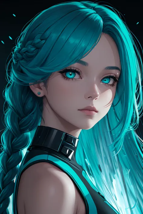 ((high quality:1.2, masterpiece:1.2)), 1girl, beautiful face, golden hour, (teal hair, teal eyes, waterfall braid), cyberpunk, futuristic, dynamic pose, (face shot, upper body), (noon, neon background:1.2), absurdres, high details, detailed and intricate, best lighting, sharp focus, realistic lighting, cold tones, color balance, high contrast, neon lights, neon lighting, teal neon colors