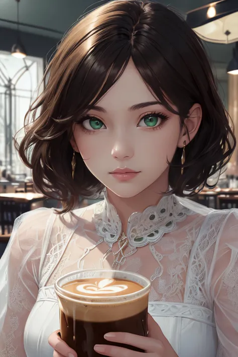 ((high quality:1.2, masterpiece:1.2)), 1girl, beautiful face, (brunette hair, green eyes), dynamic pose, (face shot, upper body), fantasy, (noon, caf background:1.2), absurdres, high details, detailed and intricate, best lighting, sharp focus, realistic lighting, cold tones, color balance, high contrast