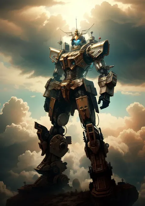 Concept Design, SCIENCE FICTION, ((giant robot)), advanced metal and Ceramic Mecha, high-tech, huge android, (outdoors, sky, clouds), global illumination, rim light, ray tracing, 8k, Best quality, masterpiece, high res, highly detailed, scientific anatomy, carbon fiber, titanium alloy, hyperrealistic, anatomical, wallpaper, Futurism, epic sense, doomsday, sci-fi fighter, giant machinery, <lora:baroqueai_v10:0.9>, <lora:popularTrainedOnTheMost_v10:1>