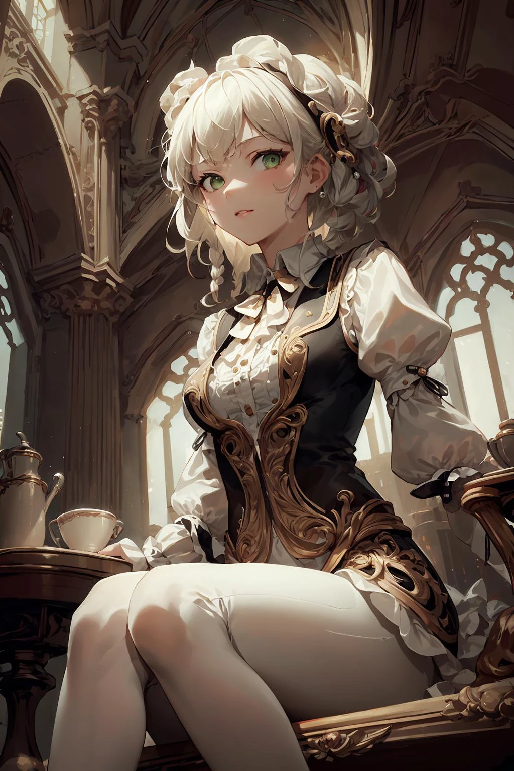 masterpiece, best quality, baroqueAI, from below,
1girl, solo, medium breasts, white hair, braid, green eyes, sitting, looking at viewer,
collared shirt, black vest, long sleeves, white leggings,
indoors, baroque architecture,
sidelighting, <lora:baroqueAI:0.8>