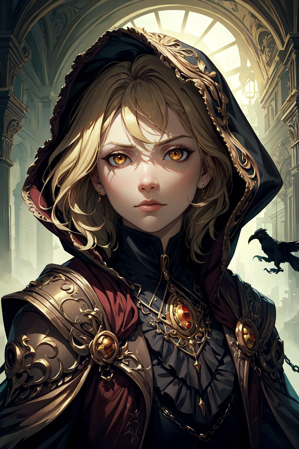 photorealistic, (hyperrealistic:1.2), beautiful, masterpiece, best quality,
(1man, thin adult male:1.2), brown eyes, yellow hair, medium hair,
solo, half shot, looking at viewer, detailed background, detailed face, (<lora:baroqueai_v10:0.5>, baroqueAI, baroque theme:1.1) sad, otherworldly glowing eyes, manifestation of death, hooded, dark clothes, omen, rot, dark shadows, cold, underworld, crypt in background, ravens in background, wind, mysterious lighting, sinister dark atmosphere,