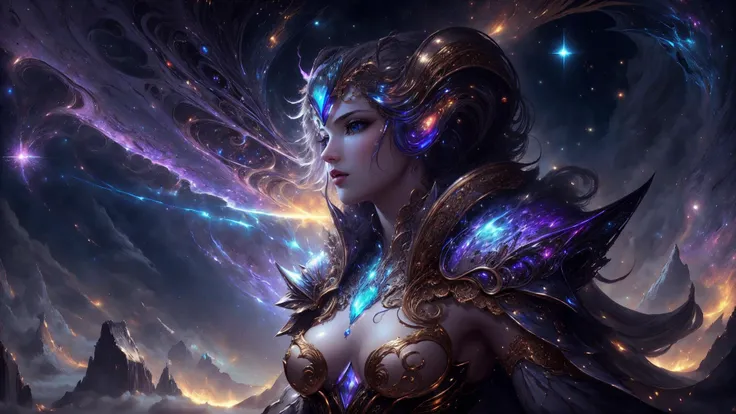 <lora:style-BaroqueAI:0.6> <lora:style-kVoidEnergy-v1:1> breathtaking masterpiece, best quality, highest quality, highly detailed, exquisite, award winning 8K digital painting of an ethereal and (incredibly beautiful female alien:1.4) with luminescent body parts that shimmer like stardust (lying gracefully on a steep cliff:1.2), casting a watchful gaze over (the galaxy:1.33), (a fluffy creature rests on her shoulder:1.4), intricate details, golden ratio, BaroqueAI, v0id3nergy, by Louis Royo