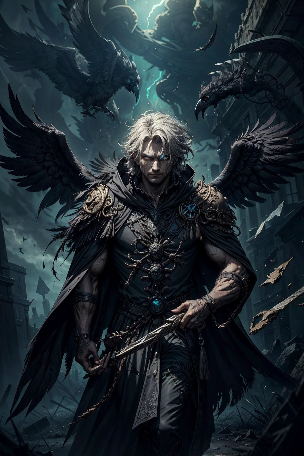 (best quality, masterpiece:1.2), 8k detailed cgi render, thick outlines, strong shadows, <lora:add_detail:0.75>,
(1man, muscular adult polish male:1.2), turquoise eyes, gray hair, layer cut,
solo, upper body, looking at viewer, detailed background, detailed face, (<lora:baroqueAI:0.3>, baroqueAI, baroque theme:1.1), glowing eyes, raven-wizard, dark feathers, wearing tattered feathered robe, dark intricate raven talisman, standing, talon themed symbolism, raven-themed runes, swirling dark feathers floating in the air, glowing ethereal sigils in the air, ravens flying in background, broken glass in background, dark night, backlighting, stormclouds gathering, foreboding atmosphere,
