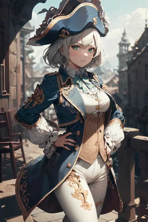 masterpiece, best quality, baroqueAI, cowboy shot, 
1girl, solo, medium breasts, white hair, green eyes, standing, looking at viewer, hands on hips, 
(tricorne:1.3), collared shirt, vest, blue coat, long sleeves, white legwear, breeches, 
outdoors, 
intense shadow, sidelighting, <lora:baroqueAI:0.8>