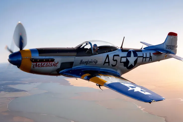 (masterpiece, best quality:1.2), ultra-detailed, flying through a blue sky P-51Mustang, (realistic:1.5), <lora:EdobP51Mustang_v1.0:0.8>