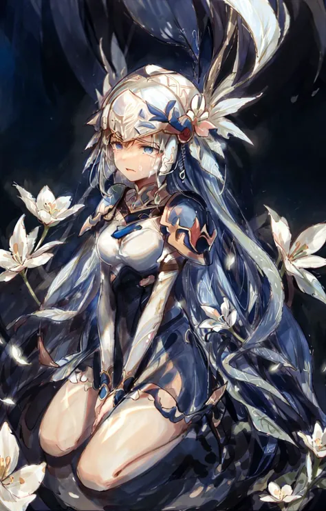 masterpiece,best quality, a painting of  lenneth crying  kneeling <lora:Lenneth:0.8>, ((solo, dark blue  background )), in a white flower field,  mystical atmosphere, vivid colors, [(in the style of <lora:BrianFroudStyleV1:0.8>):0.8],