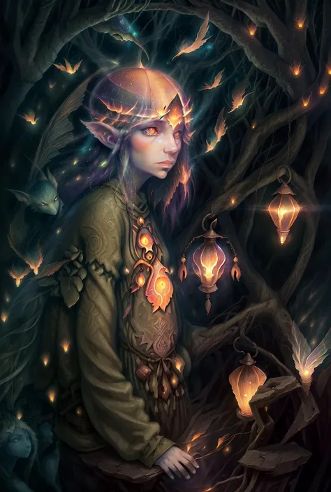 masterpiece, best quality, BrianFroudStyle, Feywild a place of unrestrained and awe-inspiring natural beauty, plane is always bathed in twilight of the setting sun, with lanterns and fireflies providing additional haunting lights,<lora:BrianFroudStyleV1:0.9>