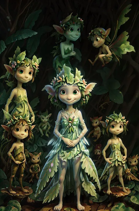 masterpiece, best quality, BrianFroudStyle, glowing faeries wearing leaf dress surrounded by  creatures  in a forest, flowers, <lora:BrianFroudStyleV1:0.9>