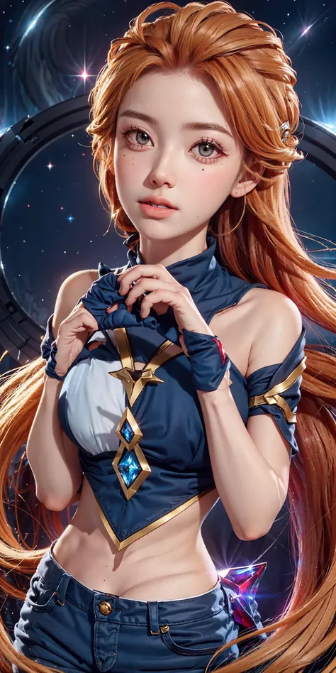 1girl,masterpiece, best quality, zoe, in space with a massive galaxy, smile, shorts, heterochromia, masterpiece, best quality,photorealistic,8k raw photo, masterpiece, rapunzel, long hair,Blonde hair,(Left eye blue and right eye red:1.4),Starry background, starguard,(Perfect hands:1.5), <lora:zoe:0.4>,write zoe,zoe \(league of legends\),