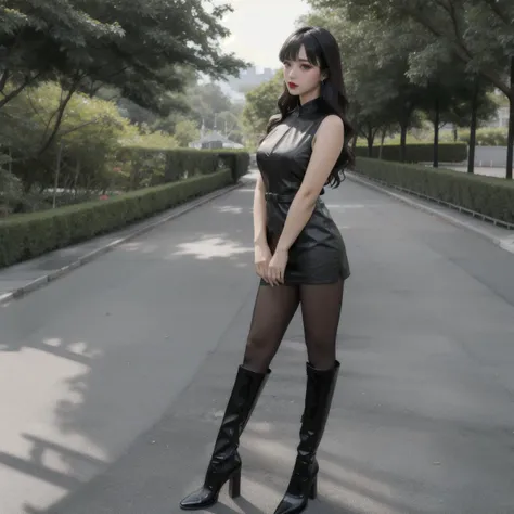 RAW photo,wide angle portrait,sleeveless china dress with floral print,black RealPantyhose,high heel boots,(high detailed skin:1.2),8k uhd,dslr,soft lighting,high quality,film grain,Fujifilm XT3,1girl,Long Wavy Curtain Bangs,in a garden,<lora:RealPantyhose_1_0:0.7>,best quality,masterpiece,ultra highres,highly detailed,full body,kendollegver,<lora:kdlegver:0.6>,
