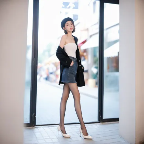 <lora:RealPantyhose_XL:0.7>,masterpiece,full body female portrait,((black color:1) RealPantyhose:1),white pointed high heels,(high detailed skin:1.2),8k uhd,dslr,soft lighting,high quality,film grain,Fujifilm XT3,. 35mm photograph,film,bokeh,professional,4k,highly detailed,makeup,fundoshi,eyeshadow,long_eyelashes,red_lips_,xxmixgirl,<lora:LatexID_-_Ai_Heels:0.4>,strapless patent leather pointed high heels,Han Meimei,white shirt,denim shorts and long coat,knit hat,street with shops and restaurant,winter,