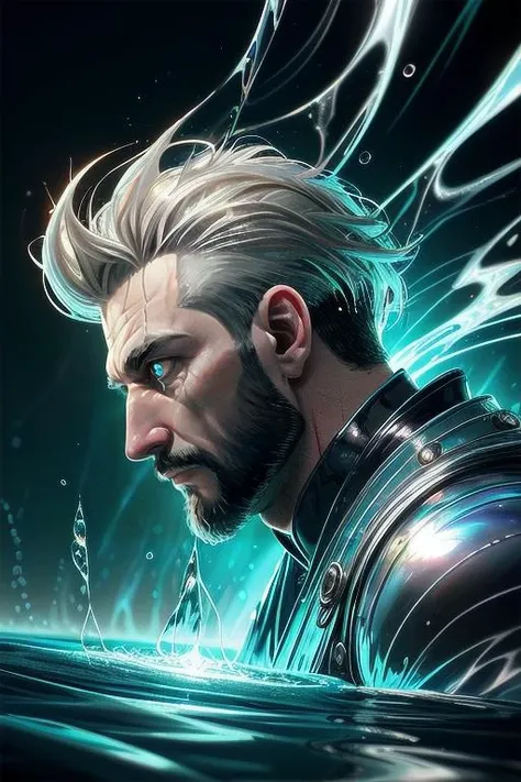 best quality,masterpiece,(1man, masculine adult male:1.2), silver eyes, light blonde hair, fade with beard, portrait, solo, from side, side view, half shot, looking up, detailed background, detailed face, (<lora:PlasmaTech:0.6>, glass, plasmatech theme:1.1), mercury-sorcerer, stoic, surrounded by slivers of iridescent mercury, shining (clothes:0.8), mercury patterns, alchemical imagery, metallic liquid, reflective pools, metallic sheen, mercury transformation, floating particles, quicksilver symphony, ocean of mercury in background, dramatic lighting, epic atmosphere,,