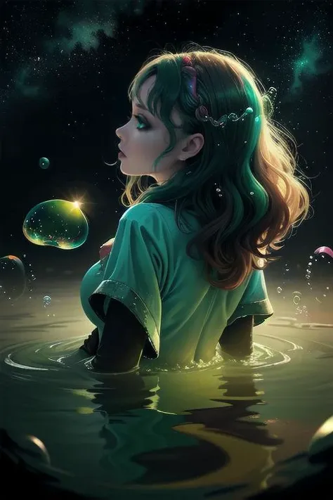 best quality,masterpiece,1 girl, adult icelandic woman, teal eyes, auburn beach waves hair, portrait, solo, from back, back view, turning around, upper body, looking away, detailed background, detailed face, (<lora:ToxicPunkAI:0.6>, ToxicPunkAI theme:1.1), bubble-wizard, walking, dark green wizard robes, surrounded by colorful bubbles, rainbow, floating orbs, large bubbles, floating particles, reflections, glowing bubbles, swirling bubbles, bubbles in background, dazzling colors, starry sky, magical atmosphere,,
