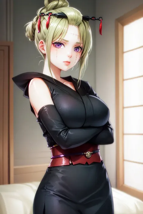 (masterpiece, best quality:1.2), <lyco:gintama_tsukuyo-10:1.0>, cowboy shot, solo, 1girl, tsukuyo, scar on cheek, expressionless, closed mouth, looking at viewer, crossed arms, folded ponytail, hair ornament, purple eyes, japanese clothes, black kimono, sleeveless, detached sleeves