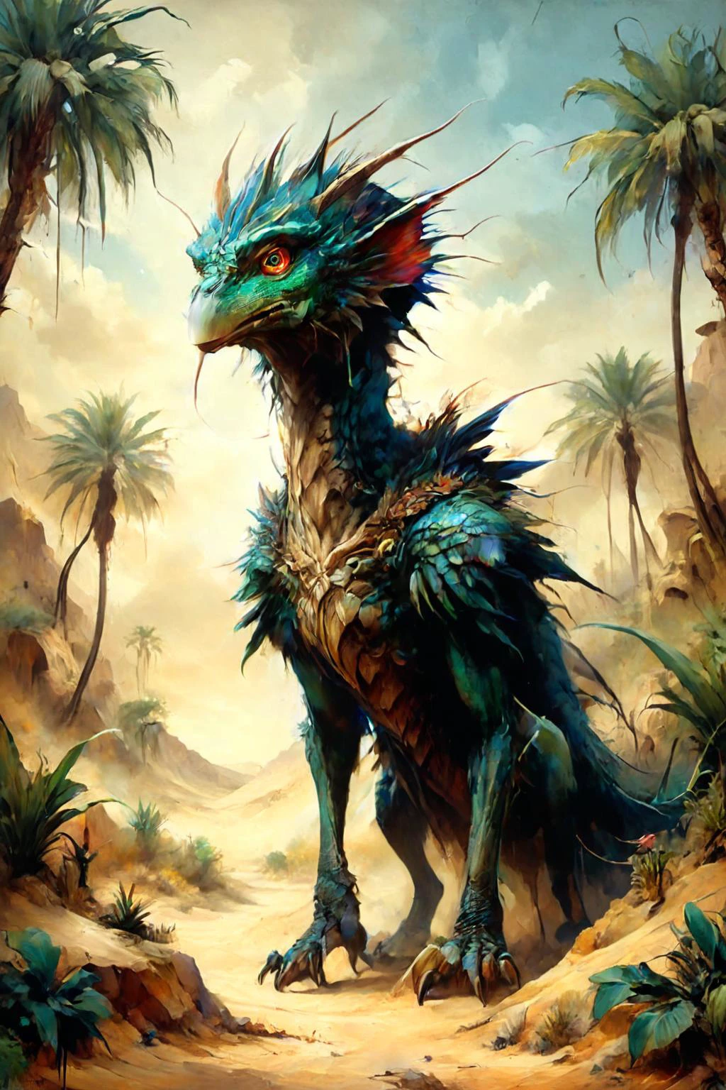 Detailed digital portrait of a <lora:ral-mythcr:0.7> jabberwock at a Desert oasis with lush palm trees, <lora:Ethereal_Grace:0.7>, <lora:ParchartXL-1.5:0.7> on parchment, <lora:xl_more_art-full_v1:0.5>, <lora:IPXL_v8:0.7> inkpunk style