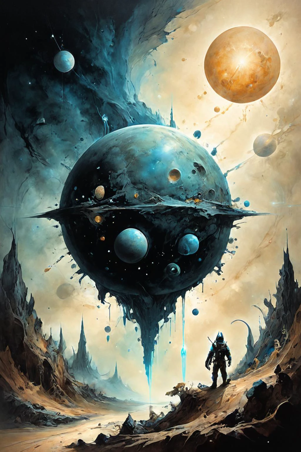 Detailed digital illustration a Transdimensional creature phasing between realities at a Inhabited asteroid belt as galactic neutral zone, <lora:Ethereal_Grace:0.7>, <lora:ParchartXL-1.5:0.7> on parchment, ink illustration, <lora:Fractal_Vines:0.7> fractalvines